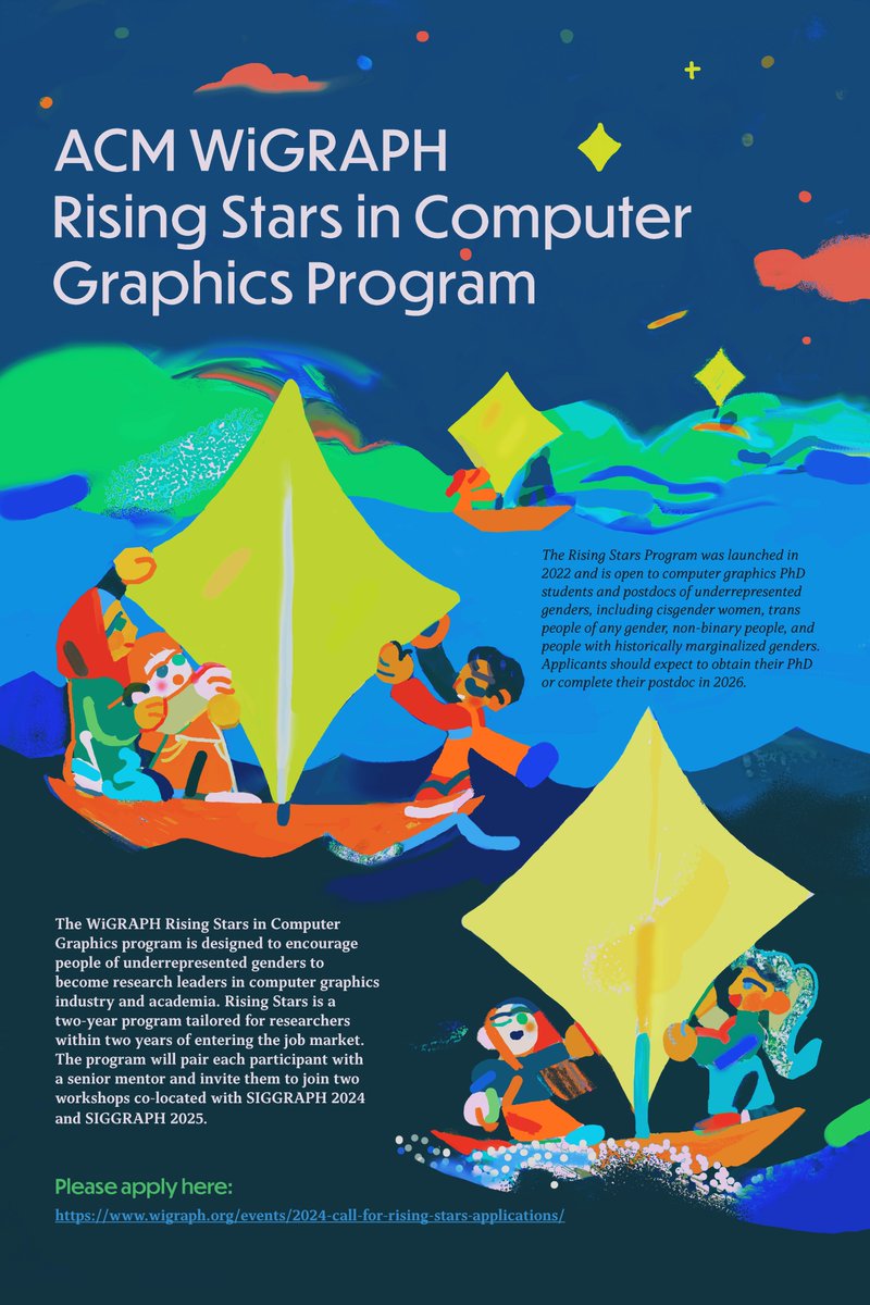 wigraphorg's tweet image. Applications are open for WiGRAPH's Rising Stars program! Ph.D. students and postdocs of underrepresented genders can apply for a two-year program of mentorship and workshops co-located with SIGGRAPH 2024 & 2025.
Read more and apply here:
wigraph.org/events/2024-ca…
#graphics