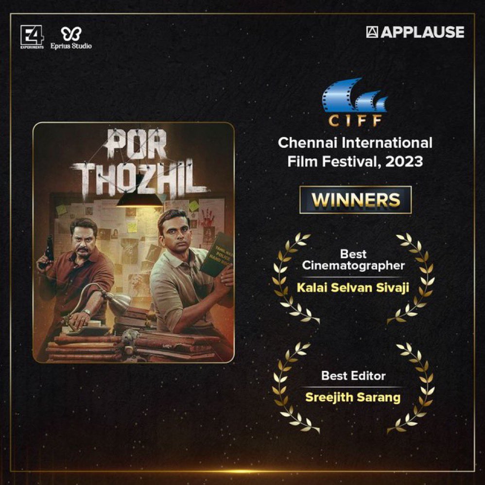This is so well deserved. Tamil suspense thriller #PorThozhil has won two awards at the prestigious Chennai International Film Festival. @ApplauseSocial @dopkalai #SreejithSarang