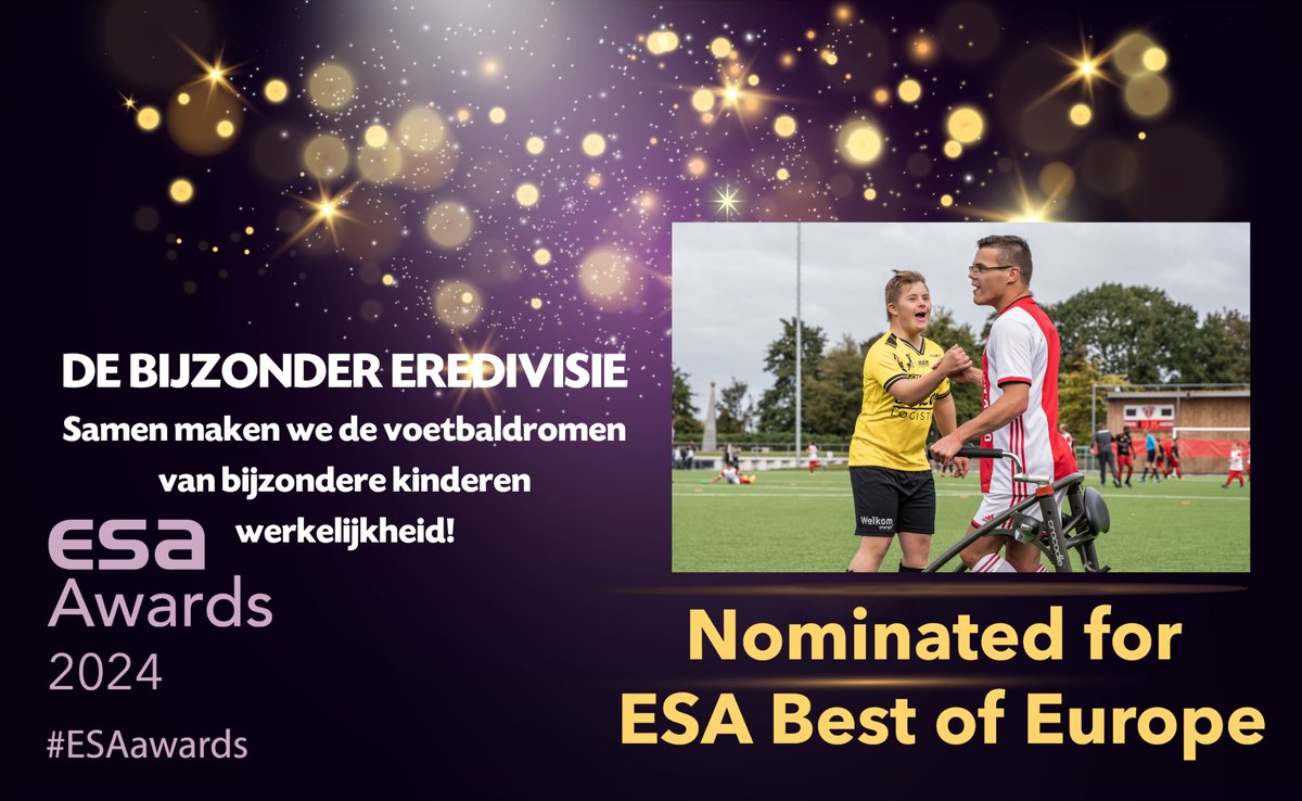 Dit jaar is de case 'De Bijzondere Eredivisie' genomineerd voor een ESA award! Een case gericht op het vergroten van de zichtbaarheid van mensen met een beperking.  

op 7 maart 2024, tijdens de awardshow van de @EuropSponsAssoc worden de winnaars bekend gemaakt!  

#ESAawards