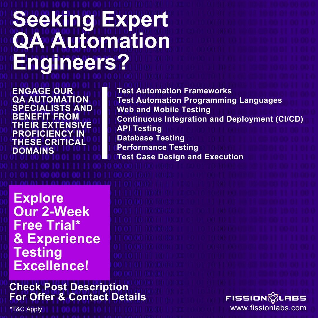 Fission_Labs's tweet image. Seeking expert QA Automation Engineer Services? Register Here: fissionlabs.com/qa-automation-…

#qaautomation #softwaretesting #testautomation #automationengineers #qualityassurance #webtesting #mobiletesting #apitesting #databasetesting #softwarequality #testframeworks