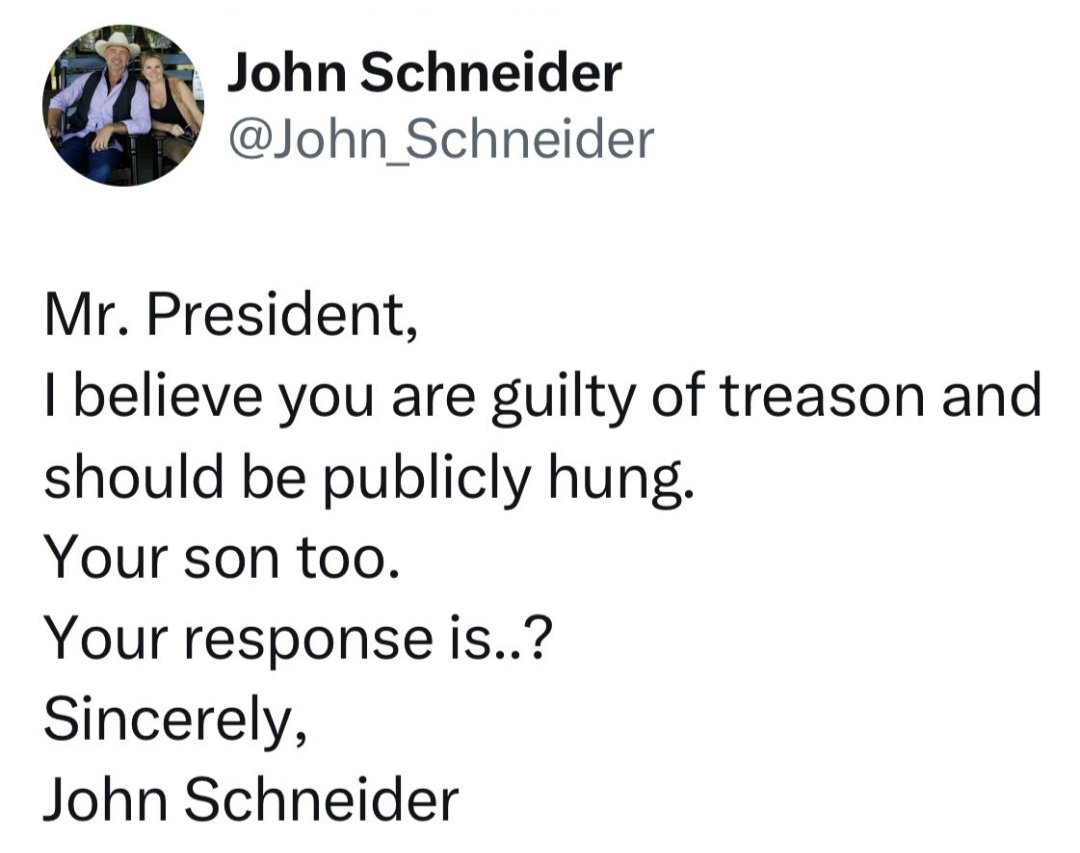 🚨 #BREAKINGNEWS @John_Schneider who was know as Bo Duke has removed this tweet after threatening the President of the United States. The Internet is forever!