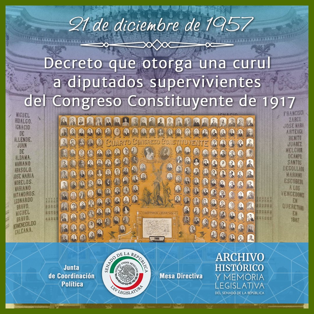 ¿#SabíasQue en 1957, reconociendo a los diputados constituyentes de 1917 que aún vivían, se les otorgó el derecho a ocupar una curul (sin voz ni voto) en el Congreso? Fue mediante un decreto publicado el #21deDiciembre de ese año, que así aprobó el Senado: acortar.link/aMrqeW