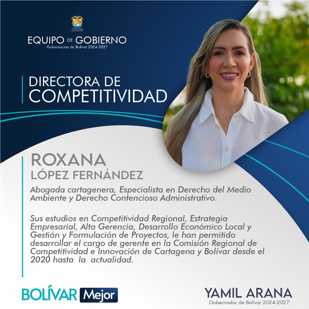 Por un #BolívarMejor más competitivo unimos esfuerzos. Roxana López Fernández, abogada cartagenera.
Ella, desde la dirección de competitividad liderará proyectos que beneficien y contribuyan al progreso de toda la región.

¡Desde el #BolívarMejor te damos la bienvenida, Roxana!