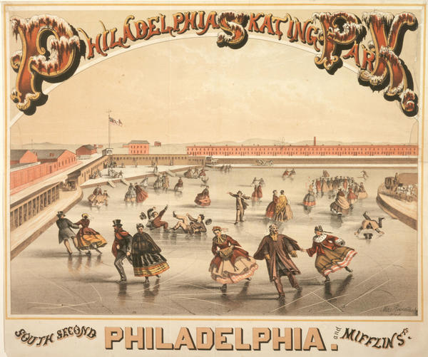 LCPCurator's tweet image. It&apos;s the first day of winter! Depicted is the 1865 print showing the skate park in South Philadelphia near the Sharp &amp;amp; Thomson Foundry, who manufactured stoves.  #WinterSolstice #FirstDayOfWinter