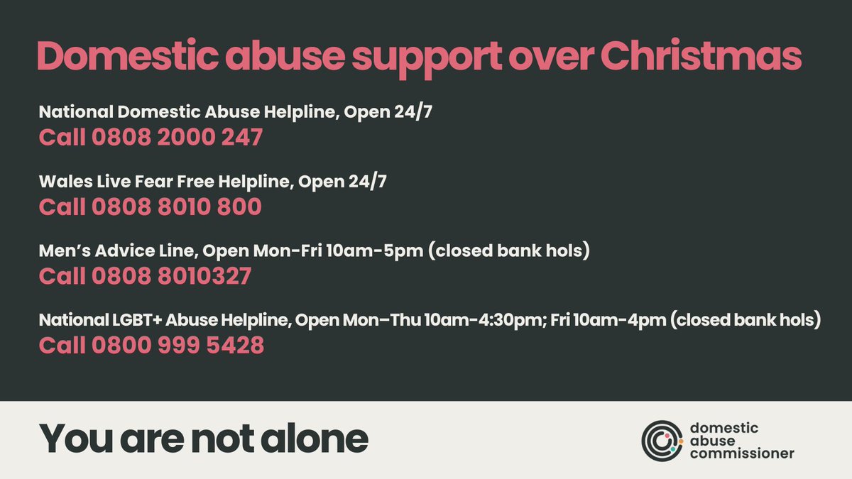 The holiday period can be extremely difficult for many victims and survivors of #DomesticAbuse But you are not alone, and there is help out there. If you need support you can contact the organisations below, or visit the resources page on our website domesticabusecommissioner.uk/resources-2/