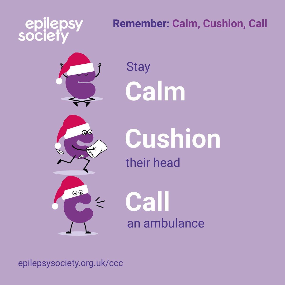 In the lead up to Christmas we are reminding everyone to Calm, Cushion, Call if you see someone having a seizure!

Help us to raise awareness by sharing this infographic. 💜
