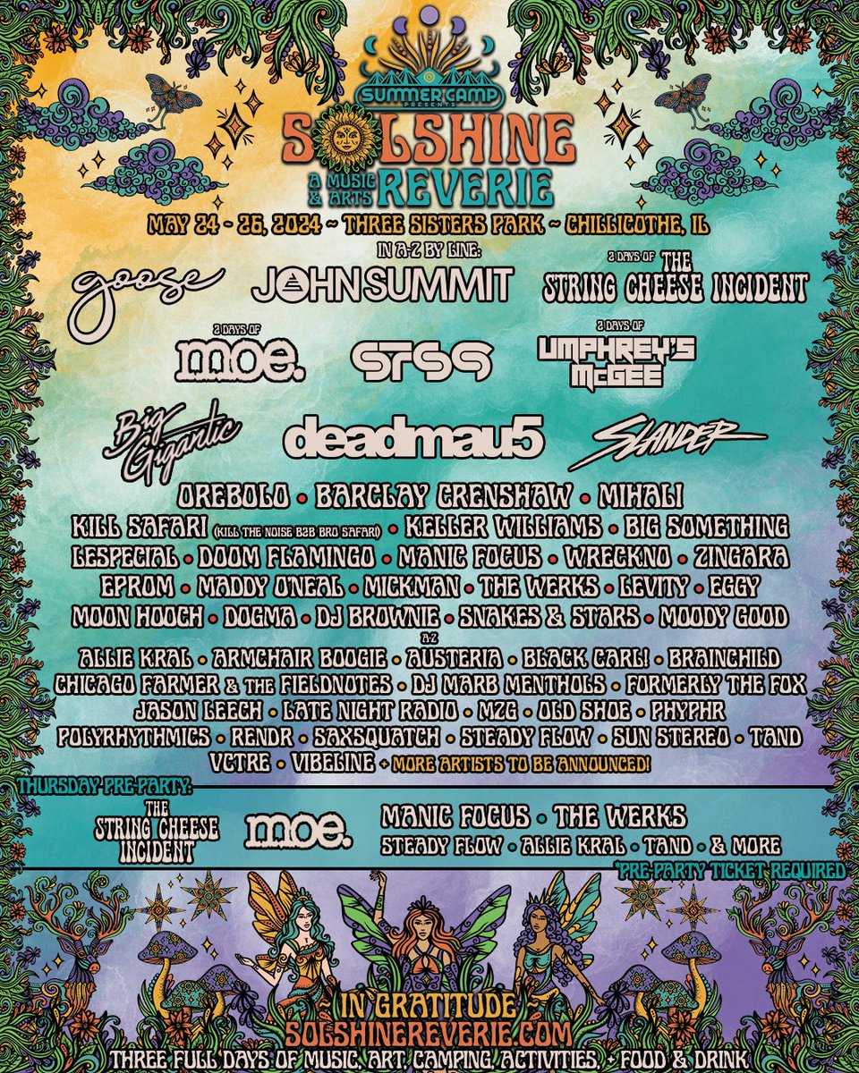 TheFestiveOwl's tweet image. VIP GIVEAWAY — @SolshineReverie (presented by Summer Camp) reveals inaugural 2024 lineup: @deadmau5, @STS9, @JohnSummit, @GooseTheBand + more.

Enter now for your chance to WIN (2) VIP tickets 🦉👇

To enter:   
1. Follow @TheFestiveOwl
2. RT this.

Winner contacted on 12/28.