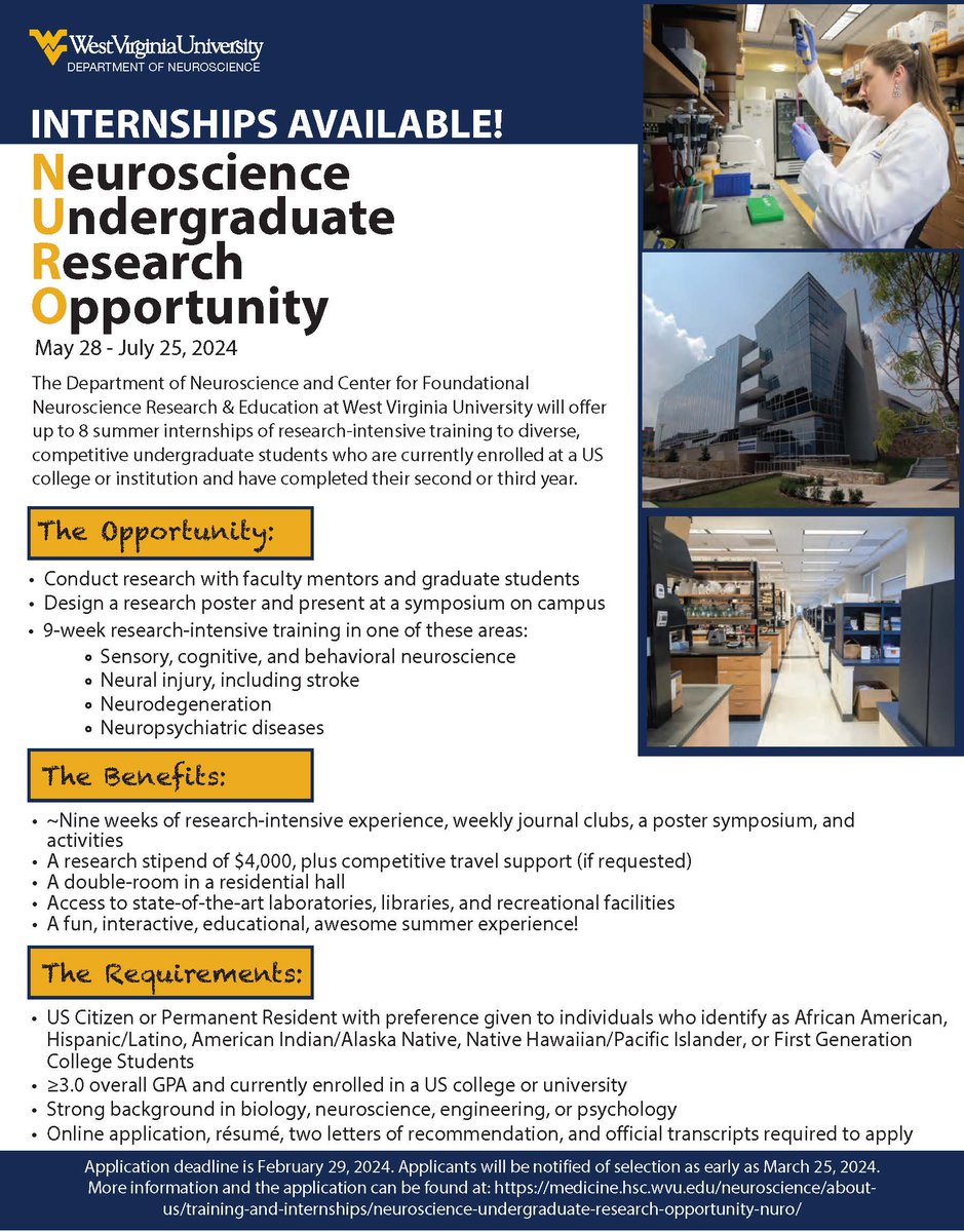 WVU will host a new cohort of NURO scholars this summer! Apply today at medicine.hsc.wvu.edu/neuroscience/a…
#UndergraduateResearch #BlackInNeuro #LatinxInNeuro #WomenInSTEM #STEMInternship