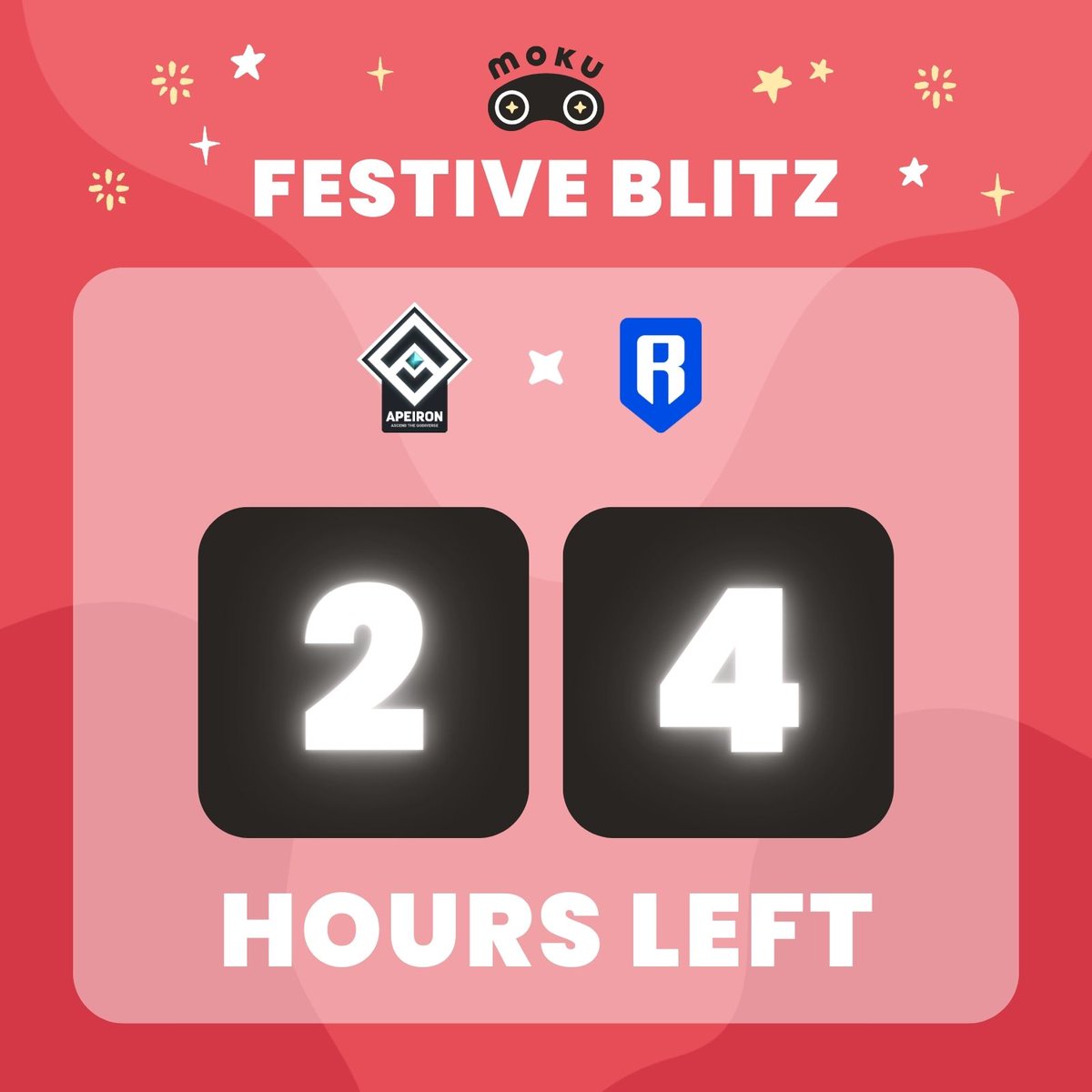 Moku_HQ's tweet photo. Only 24 hours left for the @ApeironNFT x @Ronin_Network takeover! ⏰

What does this mean for you?
✨ Head to https://t.co/xN5qz9a7gR & conquer the latest quests to get moar points
✨ Last chance to spin the gacha or shop for Apeiron rewards
✨ Get your Apeiron raffle tickets ready. The winner will be drawn tomorrow for an Origin Axie!

📌 Your Moku points WILL transfer to the @ZoidsWild x @Ronin_Network takeover (beginning 12/22 @ 12PM EST), however the leaderboard will reset♻️ 

Game on, Moku army #MokuFestiveBlitz