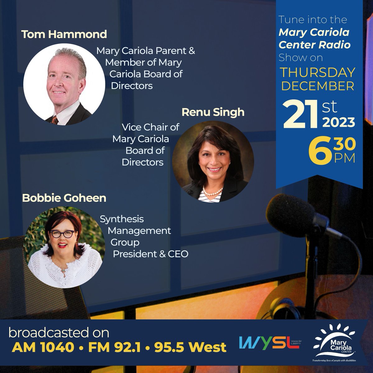 Tune in tonight at 6:30 PM  for the Mary Cariola Center Radio Show on <a href="/WYSL1040/">WYSL 92.1/95.5/1040</a> .  All things Mary Cariola are discussed with your host - <a href="/GregKamp/">Greg Kamp</a>  - Mary Cariola's Director of Marketing and Communications.  #radioshow #marycariola