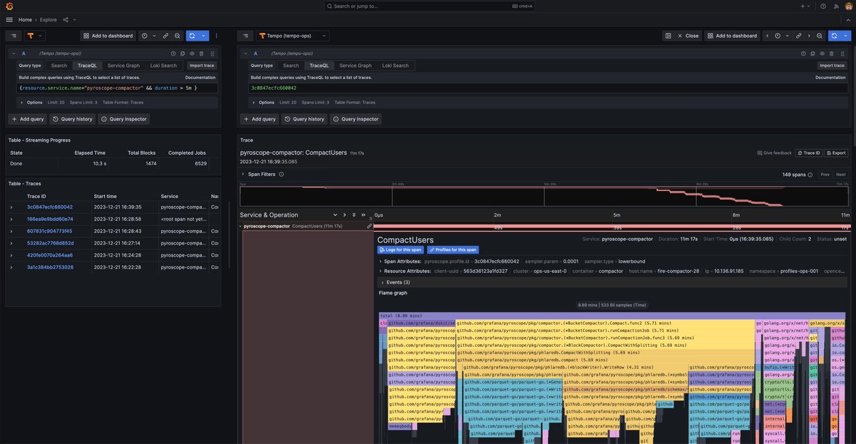 The new tracing to profiling integration in <a href="/grafana/">Grafana</a>  Explore is really good 👏. You'll get to know what happened in term of CPU resource for a single trace. In this case I'm looking at a compaction run from Pyroscope itself. 

This is so good for understanding latency ! ⚡️