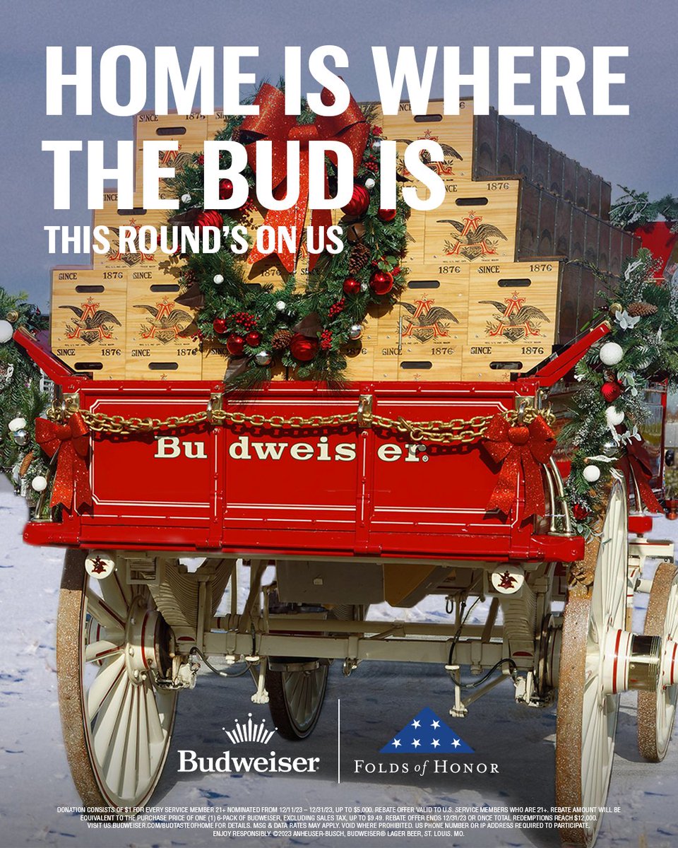 Give a gift that means more this holiday season by sending a taste of home to a service member, on us. For every 21+ service member you nominate, we'll also donate to @FoldsofHonor. Click the link to start sending: us.budweiser.com/budtasteofhome