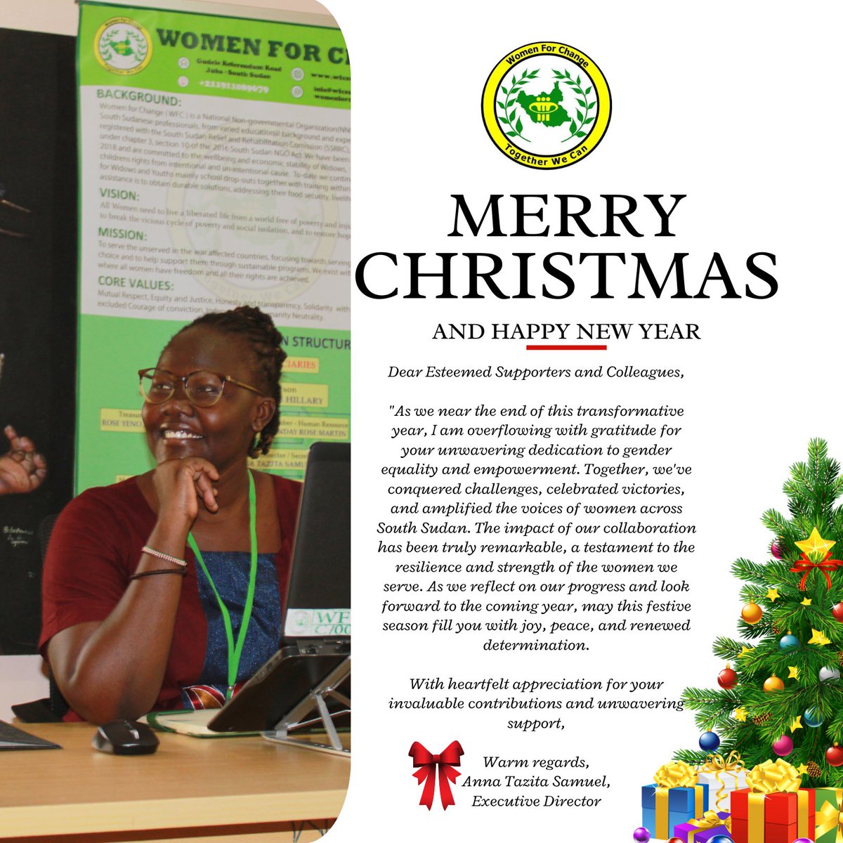 'As we near the end of this transformative year, I am overflowing with gratitude ....................'' message from WFC Director @AnnaTazita 
We look forward to better days ahead @USMissionJuba @USAID @awdf01 @DanChurchAid @UnescoJuba @CareSouthSudan @GIZ_SouthSudan @SSNGOF