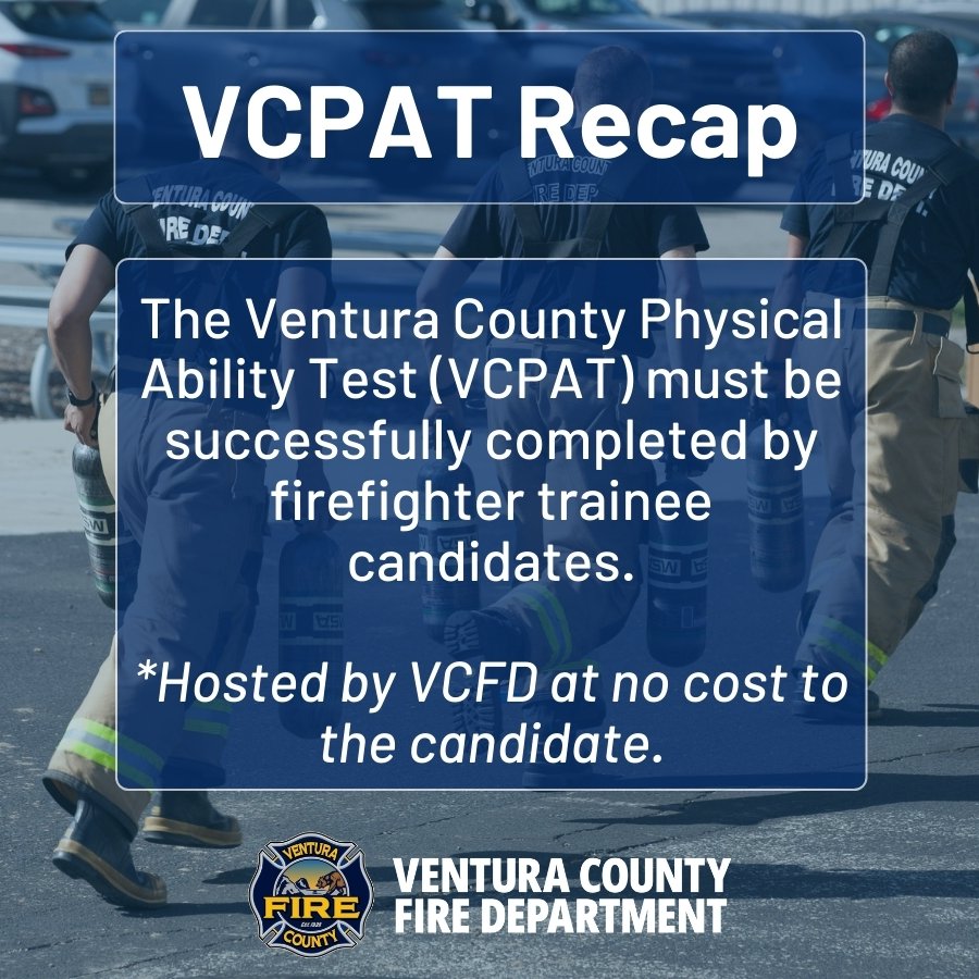 JoinVCFD's tweet image. Quick recap of the Ventura County Physical Ability Test (VCPAT)!
You can view the full-length VCPAT video at youtube.com/watch?v=34Q1l8…

#JoinVCFD #VCFD #VCPAT #VenturaCountyPhysicalAbilityTest #VenturaCountyFireDepartment #FirefighterTrainee #FirefighterFitness