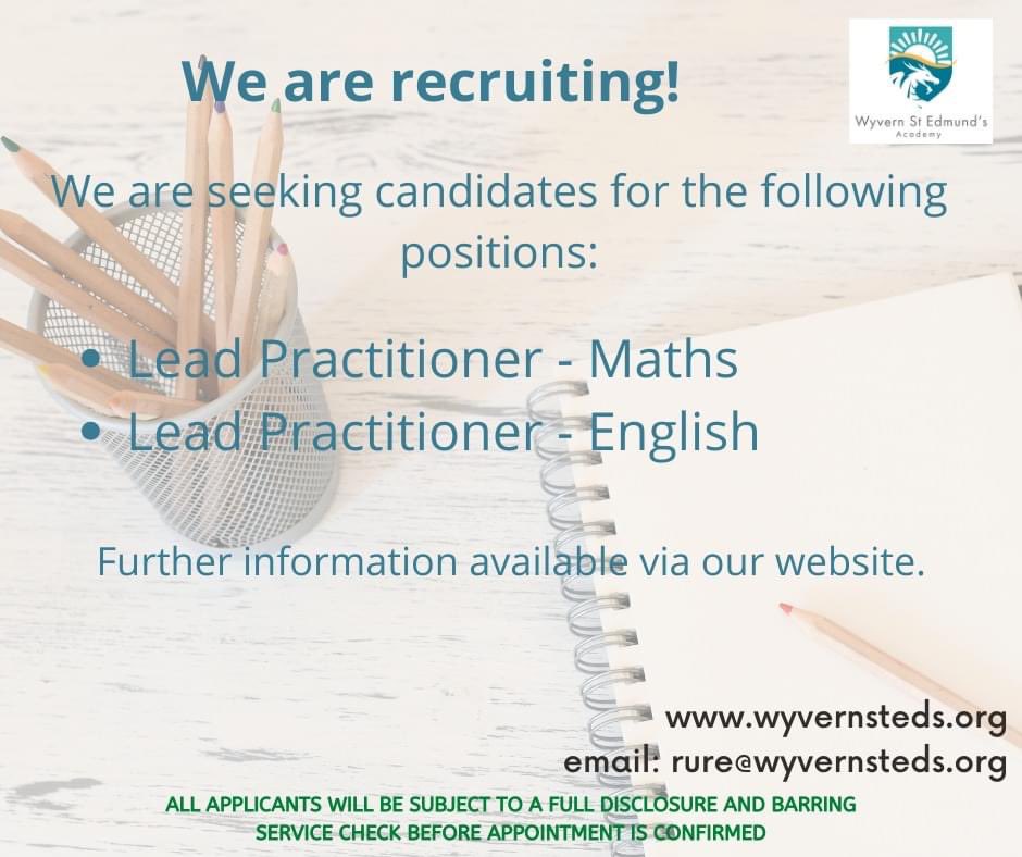 Fancy a change next year? Why not join <a href="/wyvernstedmunds/">Wyvern St Edmund’s Academy</a> as a Lead Practitioner in either English or Maths? 
More details on <a href="/tes/">Tes</a> here: tes.com/jobs/employer/…

#teachervacancy #leadpractitioner #teamenglish #maths