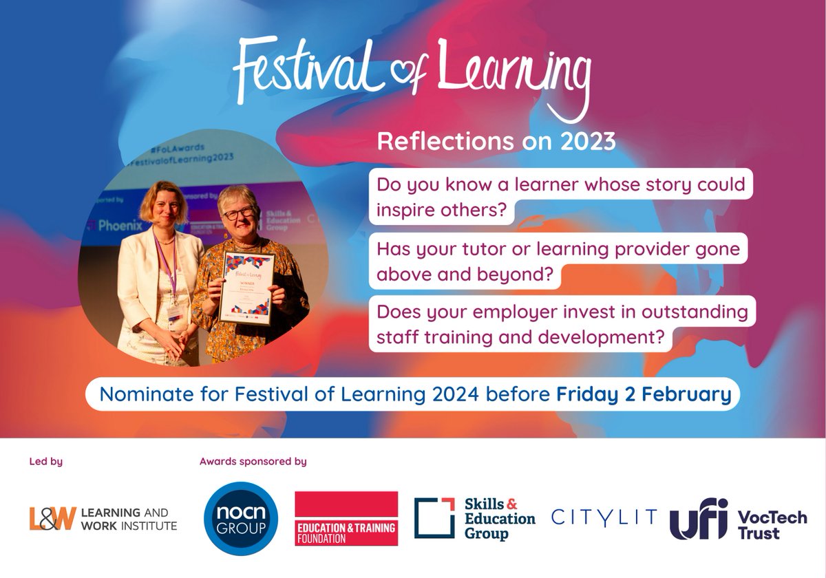 We’ve seen some incredible stories and achievements in adult learning in 2023. In this spirit of reflection, have you been inspired by a learner, tutor, provider or employer this year? Nominate them for #FestivalofLearning2024! festivaloflearning.org.uk/home/nominate-… 📨