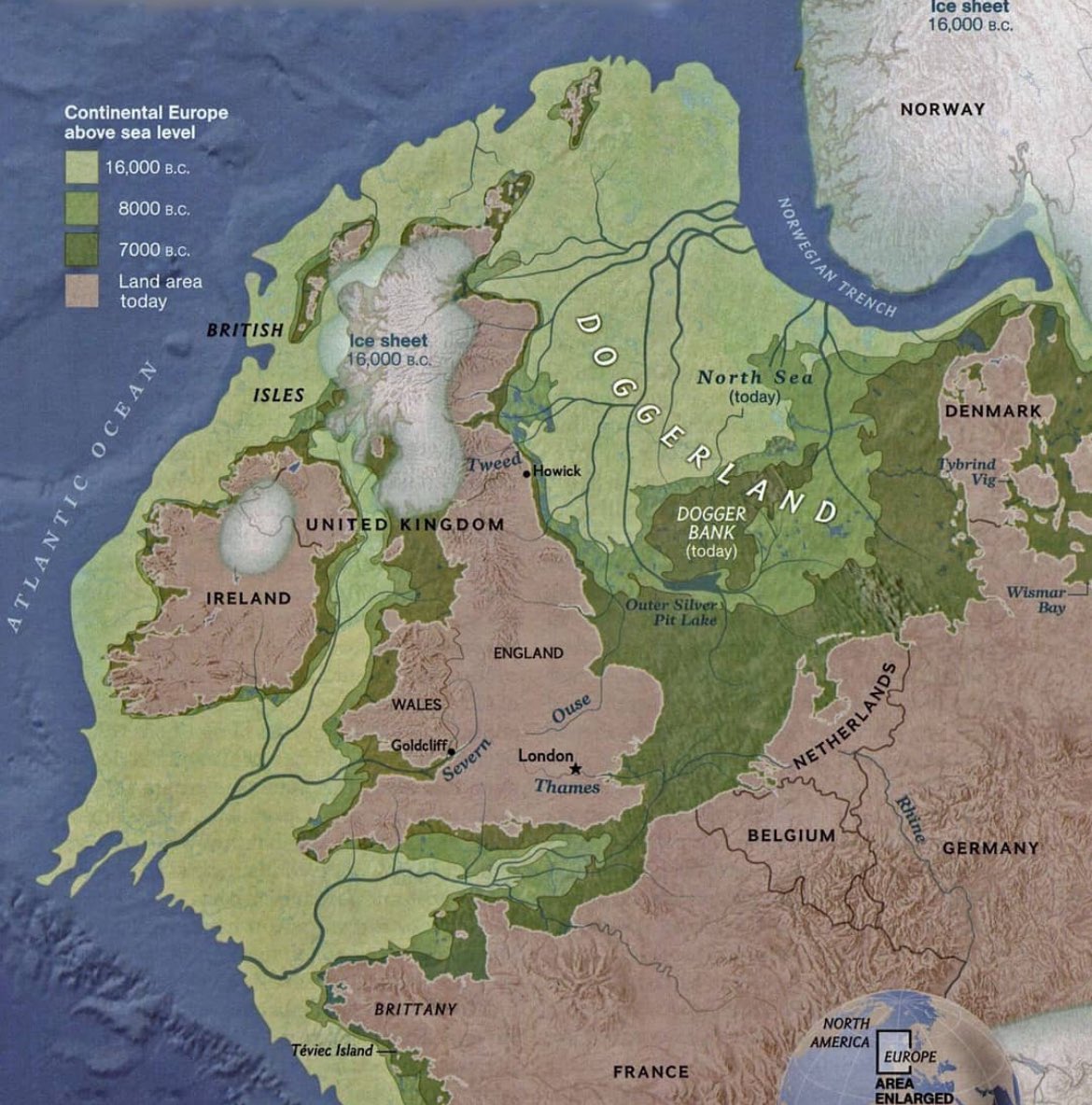 Just 9,000 years ago Britain was connected to continental Europe by an area of land called Doggerland, which is now submerged beneath the southern North Sea. Doggerland was a mix of marshes, swamps, wooded valleys and hills, and most likely inhabited by humans during the