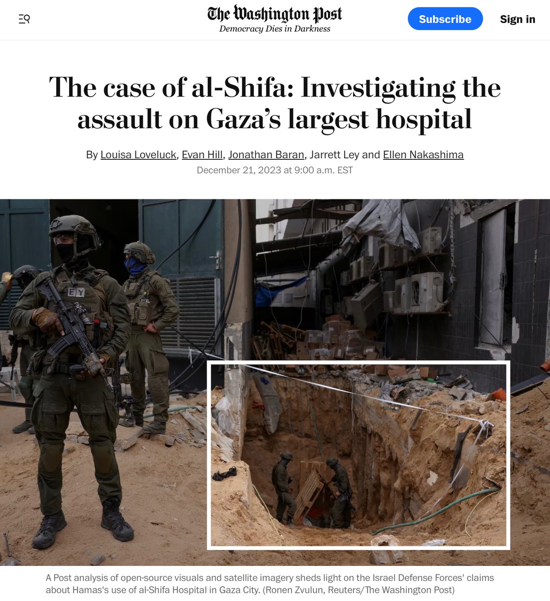 The Washington Post just released an in-depth investigation on Israel’s assault on the al-Shifa hospital. The Post analyzed open-source visuals, satellite imagery and all of the publicly released IDF materials. Highlights from the investigation: 1/5