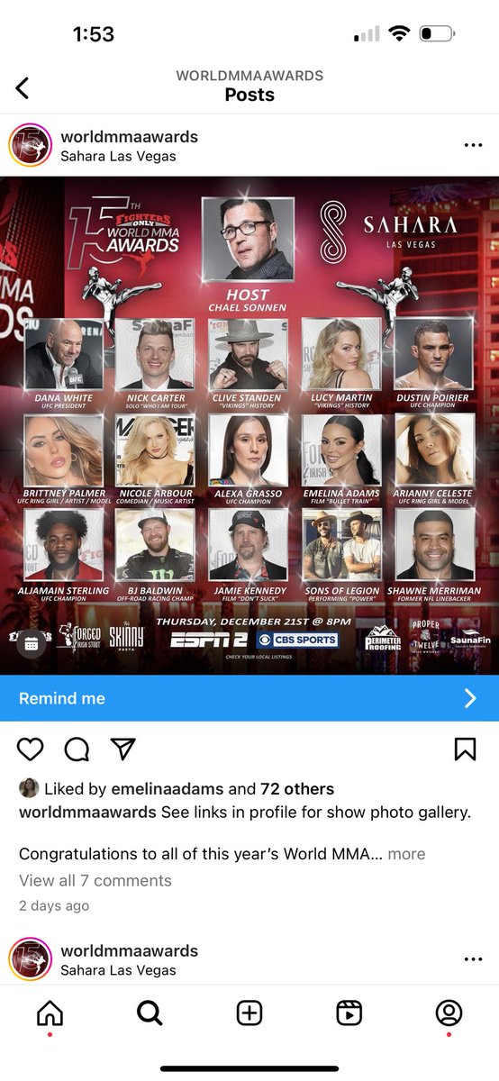 Tonite! The @worldmmaawards it’s gonna be lit! Check it out on @espn2 @cbssports