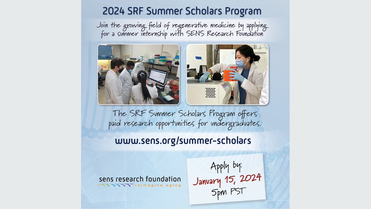 Applications for the SENS Research Foundation ‘24 Summer Scholars and ‘24-‘25 Postbaccalaureate Fellowship are open till 1/15/24. Both programs allow students to combat age-related disease and develop communication skills. See more at: ow.ly/5fhT50QgtcR @CURinAction