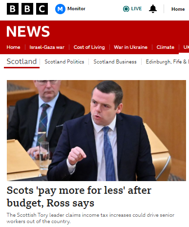 msm_monitor's tweet image. This is just so BBC Scotland. A meaningless statement and a nonsense claim.

Scots demonstrably do not pay more for less. Some Scots are paying less tax than their English counterparts and getting more. More folk come to Scotland from England than leave Scotland for England.