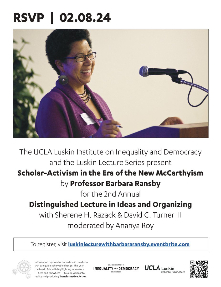 We look forward to welcoming Professor @BarbaraRansby to #UCLA on February 8th to deliver the 2nd Annual Distinguished Lecture in Ideas and Organizing entitled, 'Scholar-activism in the Era of the New McCarthyism.' More info + RSVP>> challengeinequality.luskin.ucla.edu/events/