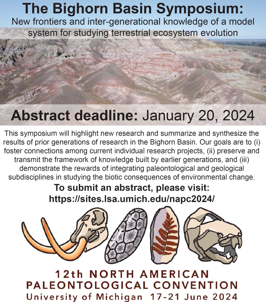 Attending #napc2024? Abstracts for our #Bighorn Basin #Symposium can be submitted now! Please reach out to if you have any questions! <a href="/Napc2024/">North American Paleontological Convention 2024</a> <a href="/lukenweaver/">Luke Weaver</a> #FossilFriday