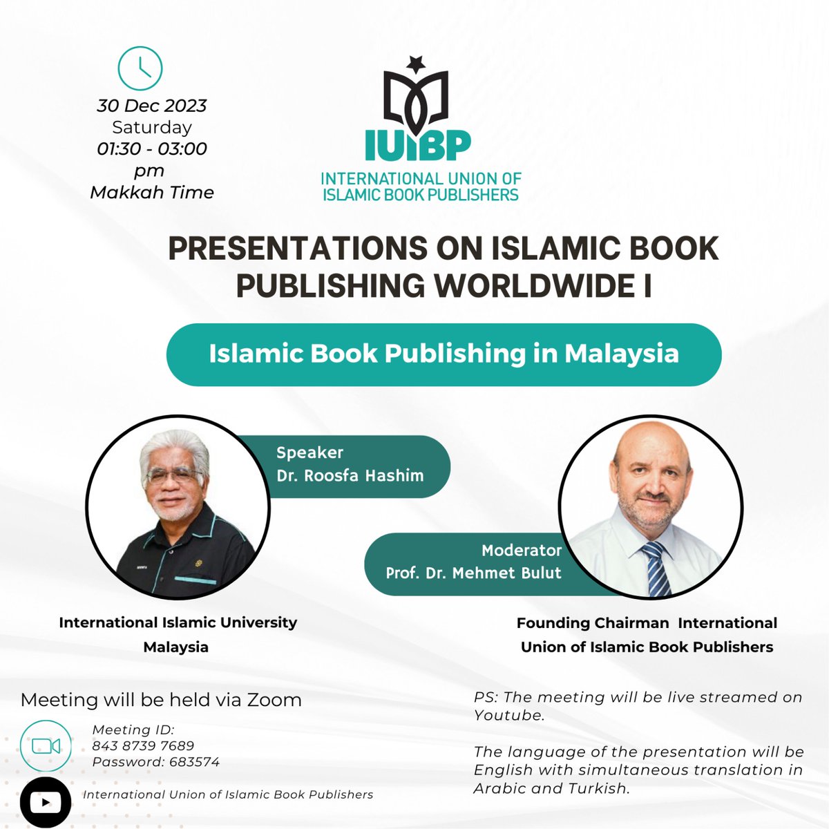 Our first online event will be held on 30 December 2023. Our founding chairman Prof. Dr. Mehmet Bulut will moderate the speech of Dr. Roosfa Hashim, Director of the Publishing House of the International Islamic University Malaysia, in the online conference.
