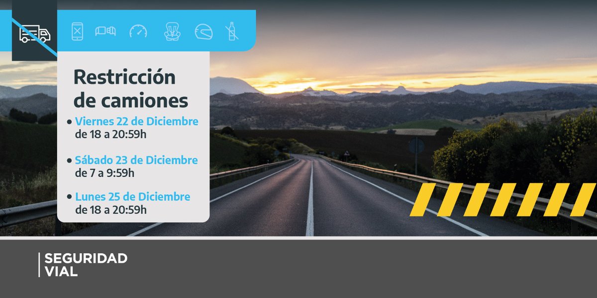 🚨🚛 | El viernes 22, sábado 23 y lunes 25 de diciembre habrá restricción de circulación para camiones de más de 3.500 kilos en más de 30 rutas nacionales y en los principales accesos del AMBA. 🔗Más info: bit.ly/restcamiones