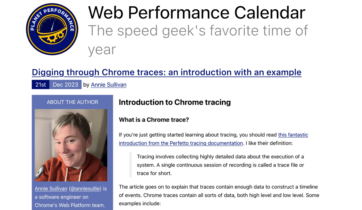 🪩 Web Performance calendar day 21 🔗 calendar.perfplanet.com/2023/digging-c… 🐾 Annie Sullivan (@anniesullie) shows us how to get cozy with Chrome traces 🔍 Ever wanted something from the browser that you can't find in devtools or anywhere? Chances are you can find it in the trace