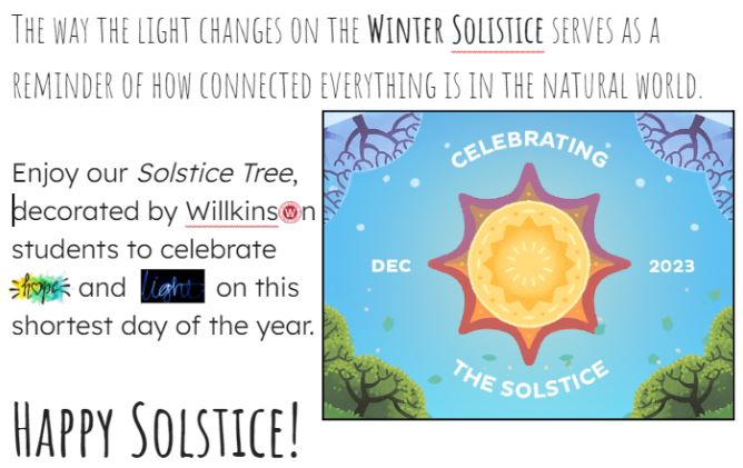 On #WinterSolstice <a href="/TDSBWilkinson/">Wilkinson Junior Public School</a>, we honoured &amp; acknowledged the pattern of nature by creating gifts of hope &amp; light for the 'Solstice Tree' in the  #LearningGarden. We were inspired by the celebration of hope &amp; togetherness in  <a href="/kelseyegross/">kelseyegross --find me on other platforms</a> book. ❤️☀️❄️🌙 #outdoorlearning