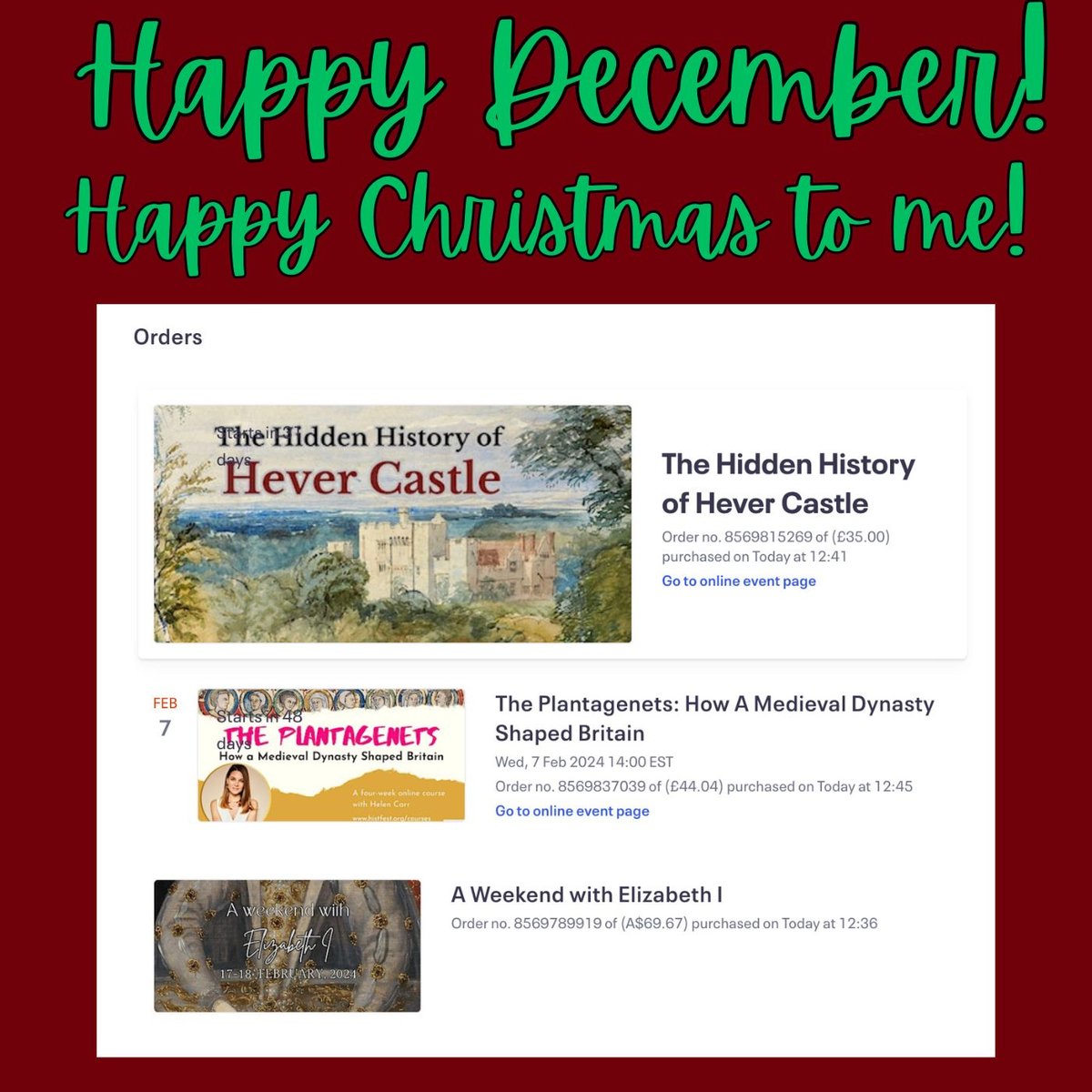 Celebrating Christmas by looking forward to spending 2024 with some of my favorite historians: @DrOwenEmmerson  @HelenhCarr  & @OntheTudorTrail (Natalie Grueninger). Thank you for having these online so US uber-fans like me can participate! ❤️