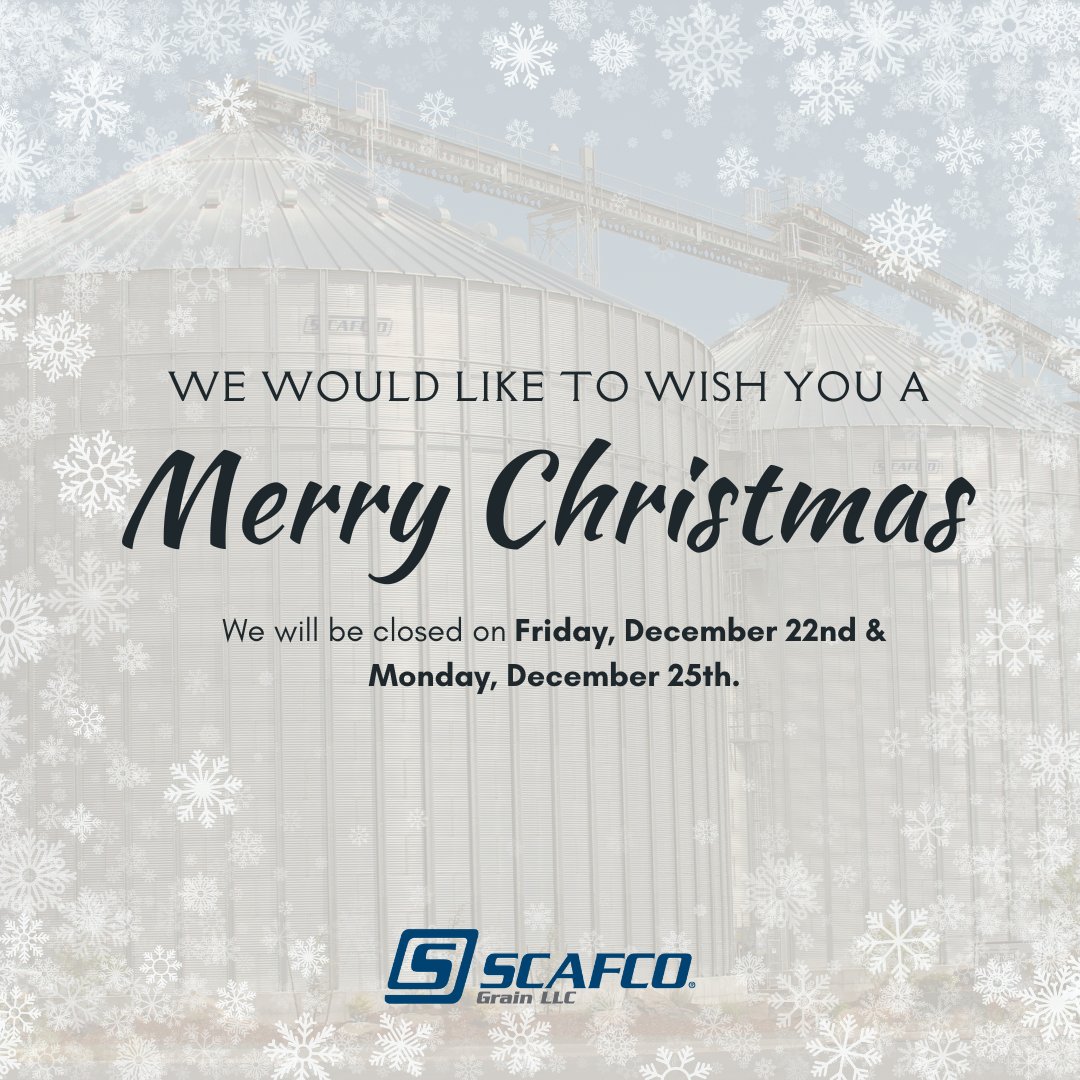May your holiday cheer last all through the year. 🎄 We will be closed on Friday, December 22nd &amp; Monday, December 25th. We will reopen on the morning of December 26th. We appreciate your cooperation. From all of us at #ScafcoGrain &amp; #SiouxSteel, wishing you a #MerryChristmas.