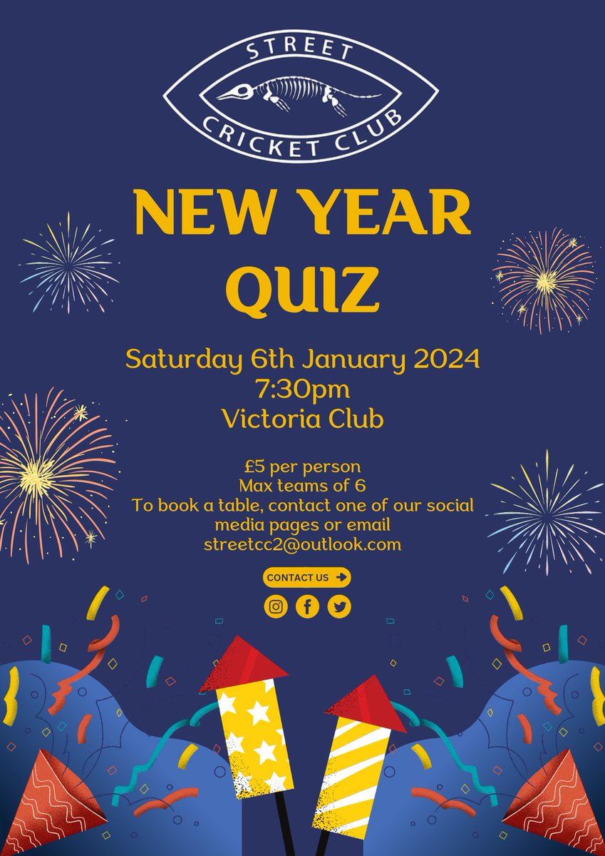 Street Cricket Club (@streetcc2) on Twitter photo Quiz Night is just over 2 weeks away!
To book a table, contact any of our social media pages or email streetcc2@outlook.com Quiz Night is just over 2 weeks away!
To book a table, contact any of our social media pages or email streetcc2@outlook.com