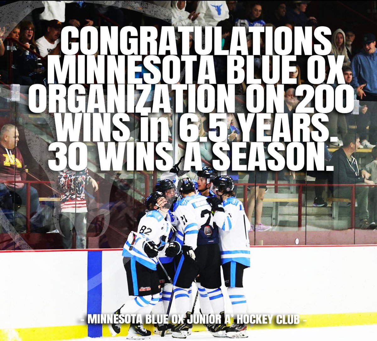 CONGRATS TO THE MN BLUE OX JR. A' HOCKEY CLUB!

200 wins in 6.5 years of USPHL play....We have accomplished this all by staying true to our 'Players First' mission.

* 30 Wins A Season
* 1 NHL Rookie Camp
* 3 Nattys in 6 years
* 25+ Advanced to College 

@USPHL @The_DanKShow