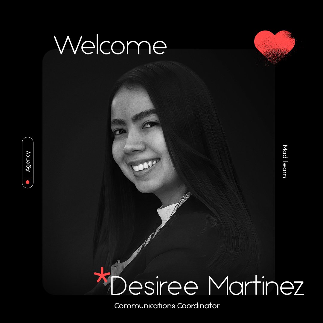 Meet Desiree Martinez, our new Communications Coordinator. Before Mad, Desiree worked with the marketing team at Cargill, researching consumer insights for Central America. She's passionate about communication, digital marketing, and leadership.

So happy to have her on board!
