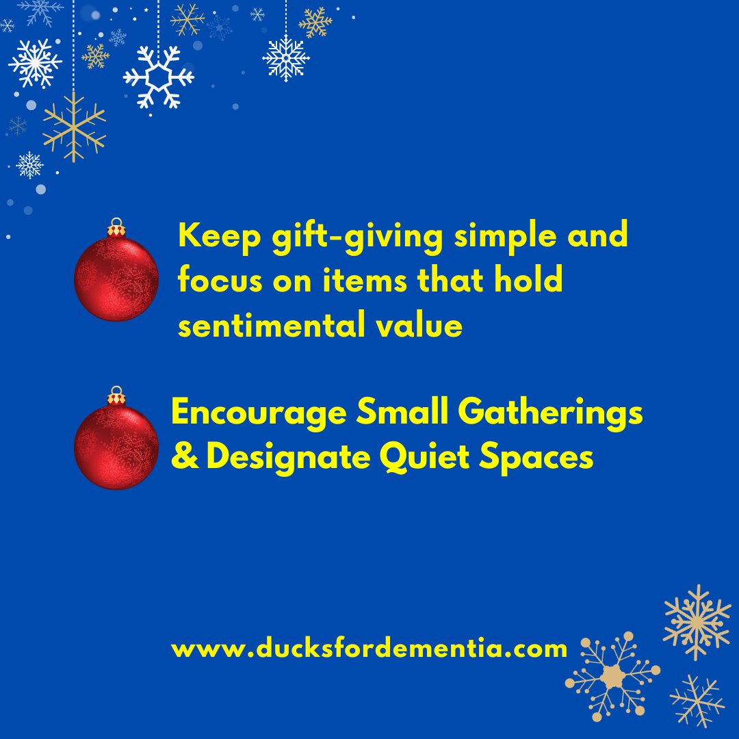 Holidays can be both joyful and challenging for individuals with dementia and their caregivers. Here are some considerations and tips for navigating the holiday season

💻 ducksfordementia.com

#ducksfordementia #dementia #dementiafacts #dementiaawareness #alzheimers