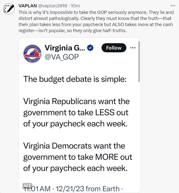 Pretty much every word from the VA GOP is a demonstrable, verifiable falsehood (aka, LIE). The question is, why would anyone listen to them about anything? bluevirginia.us/2023/12/video-… h/t @vaplan2018