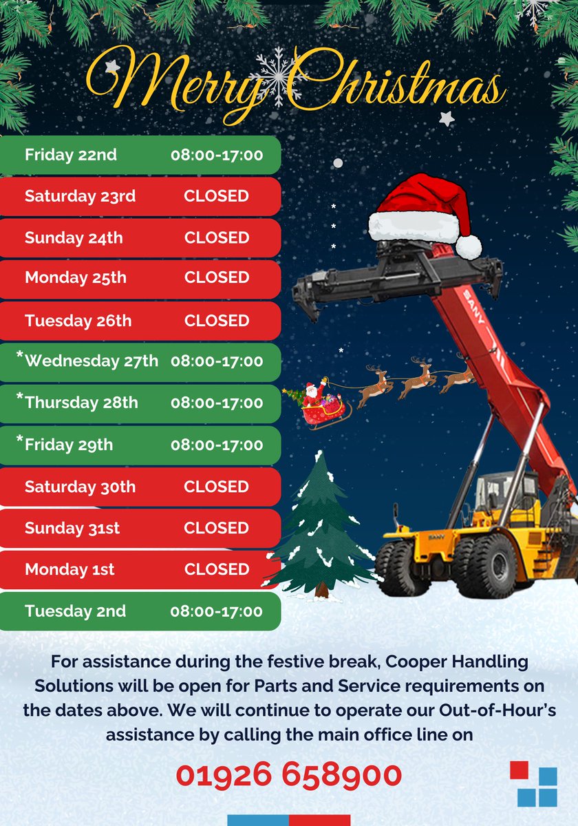 🎄 Important Information regarding our Christmas Opening Hours Our after-sales department, Cooper Solutions is formally open, and the office will be manned in the working days between Christmas and New Year for Parts and Service requirements only.