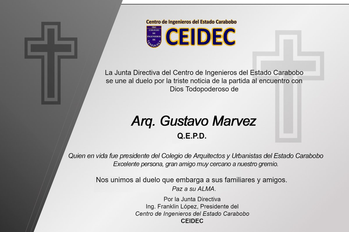 El Gremio Carabobeño lamenta profundamente el fallecimiento del

 Arquitecto Gustavo Marvez.

Presidente en ejercicio del Colegio de Arquitectos del Estado Carabobo.
Elevamos nuestras Oraciones por el eterno descanso del Alma  de nuestro amigo y colega Gustavo Marvez.
#ceidec
