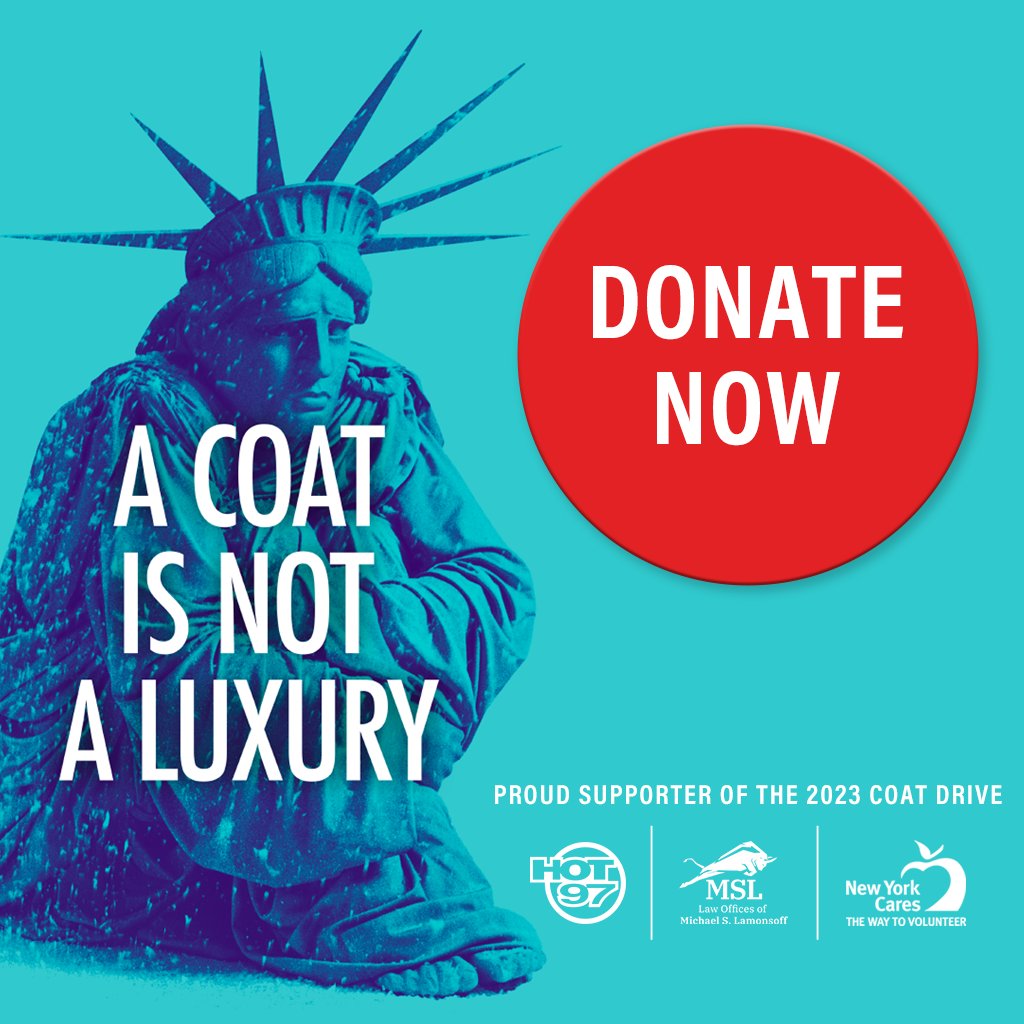 #HOT97 has partnered with the offices of attorney @msllegal for our annual New York Cares Coat Drive. 🧥 Every donation allows NY Cares to purchase & distribute a new coat to the New Yorkers that are in need of clothing to keep them warm. For More: coatdrive2023.funraise.org/fundraiser/hot…