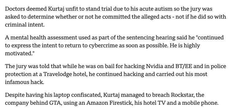 A teen hacked Nvidia, got arrested, was released on bail under police supervision. Police confiscated his laptop and put him in a motel room. He then used the Amazon fire stick connected to his motel room TV to hack Rockstar and steal GTA 6 clips bbc.com/news/technolog…