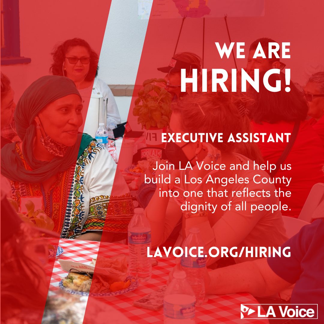 LA Voice is looking for dedicated and justice-oriented individuals to apply for our open executive assistant position! Join LA Voice and help us build a Los Angeles County into one that reflects the dignity of all people. Learn more at buff.ly/3n89dYc