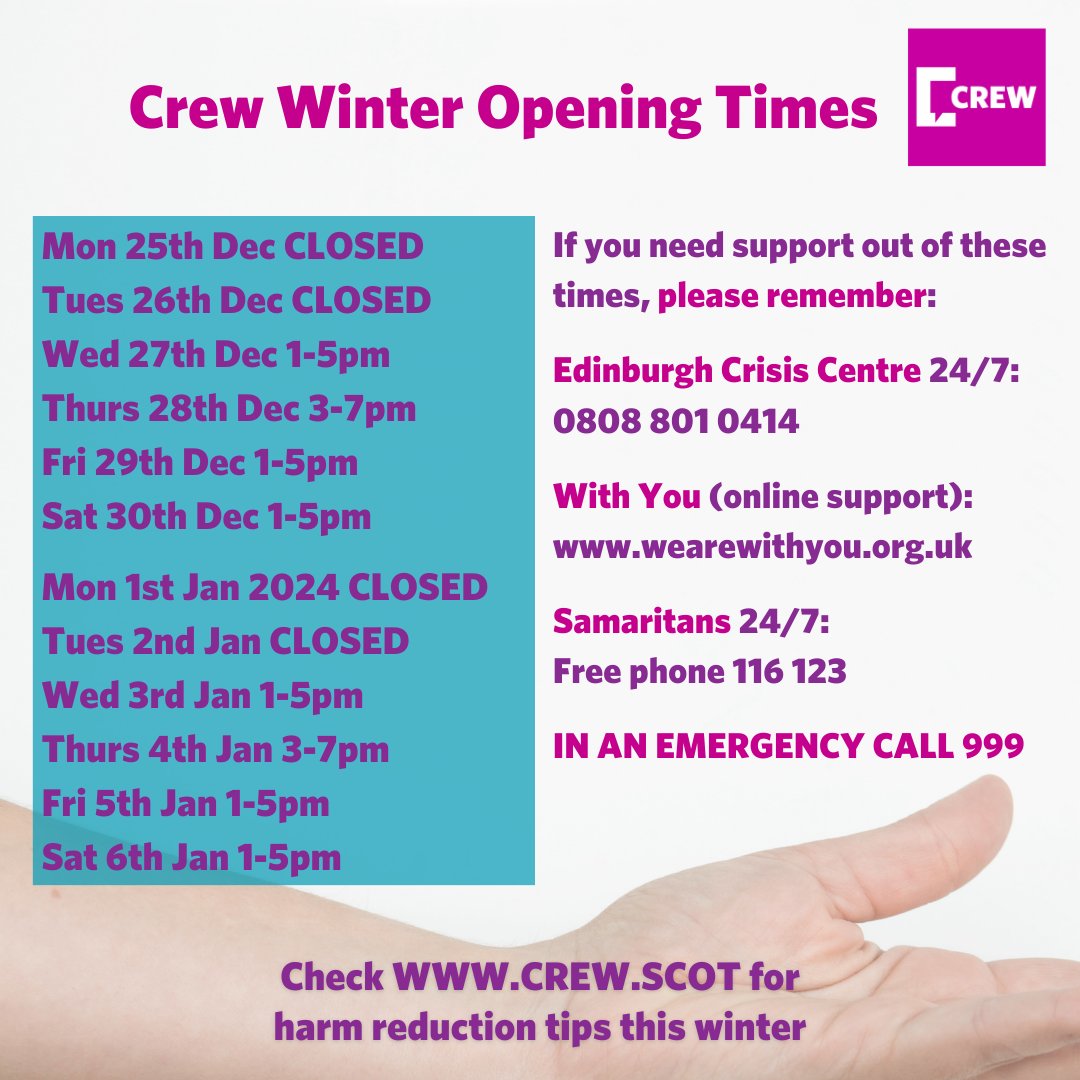 Open as usual EXCEPT 4 public holidays: Mon 25th Dec - Tues 26th Dec Mon 1st Jan 2024 - Tues 2nd Jan 💙Edinburgh Crisis Centre 24/7: 0808 801 0414 📲With You wearewithyou.org.uk 🤖@drugsandmehub chat bot 📱Samaritans 24/7:Freephone 116 123 📞IN AN EMERGENCY CALL 999