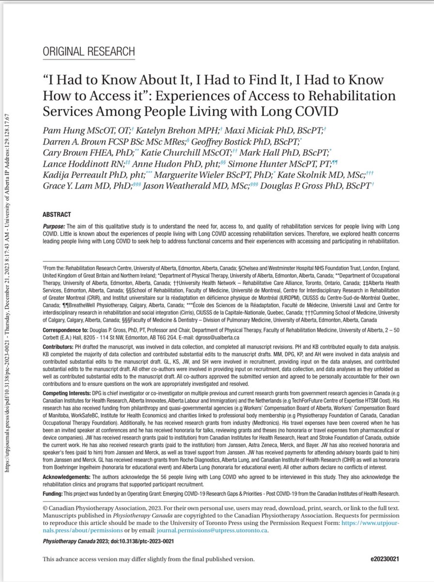 Published today <a href="/utpjournals/">UTP Journals</a> 

“I Had to Know About It, I Had to Find It, I Had to Know How to Access it”: Experiences of Access to Rehabilitation Services Among People Living with #LongCOVID #GlobalPT

utpjournals.press/doi/10.3138/pt…