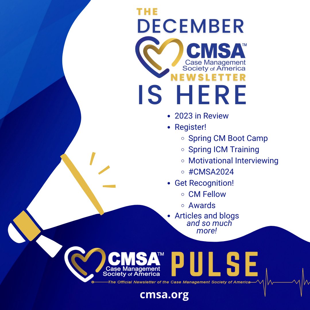 CMSANational's tweet image. #CMSA December #CMSAPulse Newsletter Alert! bit.ly/CMSAPulseDec23
Don&apos;t miss out on opportunities for education &amp;amp; recognition:
- Spring Trainings of Boot Camp &amp;amp; ICM 
- #CMSA2024 (June 4-7, Providence, RI)
- 2024 CM Fellow Applications
- 2024 Award Nominations
 #CaseManagement