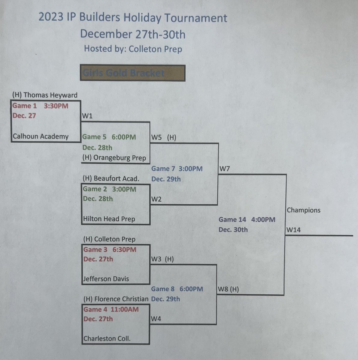 warhawkathletic's tweet image. Opening Round matchups for the 5th annual IP Builders Holiday Basketball Tournament hosted by Colleton Prep