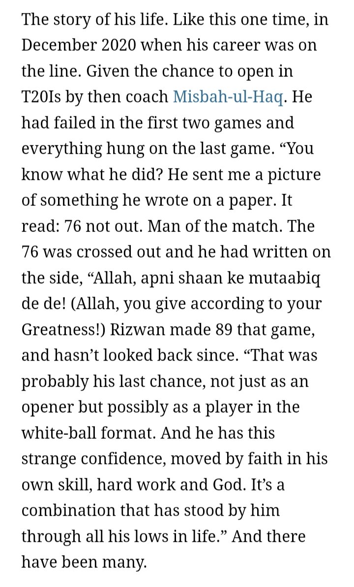 Found this article 'The life journey of Muhammad Rizwan: From being mocked to Pakistan's most dependable white- ball Batsman in WC 2023'  on TheIndianExpress, and I won't lie, had tears while reading this entire article. Beautifully written.