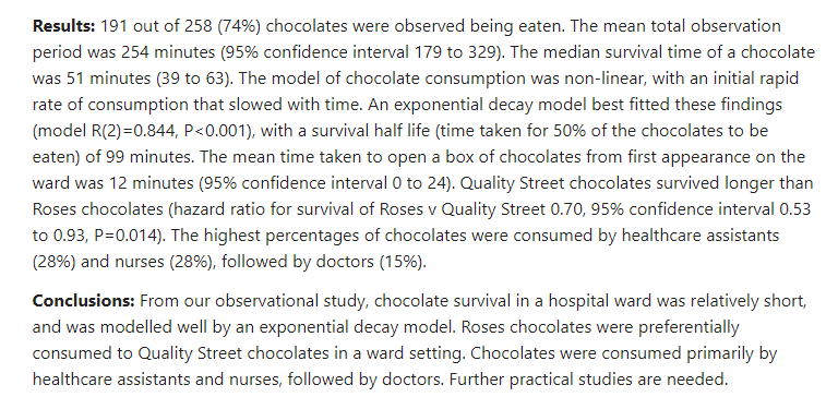 From the archive, 10 years ago: “The median survival time of a chocolate was 51 minutes” pubmed.ncbi.nlm.nih.gov/24333986/ HT @tylercowen