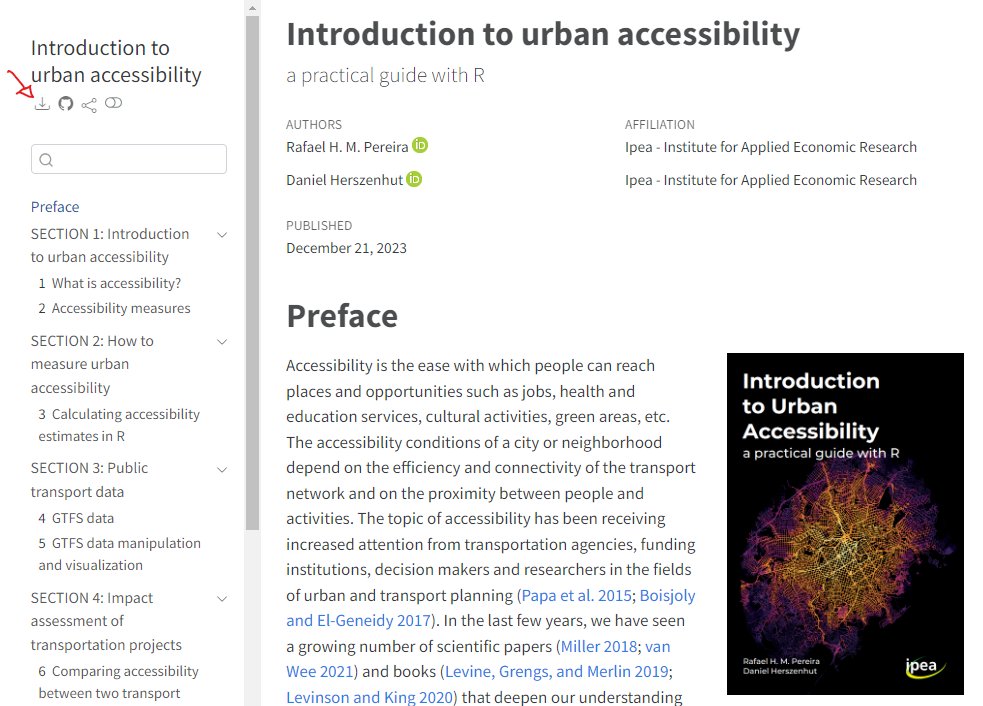 Rafael H. M. Pereira 🚡 Urban Demographics (@urbandemog) on Twitter photo 📖The Eng version of "Introduction to urban accessibility a practical guide with R" has been officially published by <a href="/ipeaonline/">Instituto de Pesquisa Econômica Aplicada</a>.
In addition to the online book, you can now download the book as a PDF to read it offline.
🌐ipeagit.github.io/intro_access_b…
Great colab with <a href="/dhersz/">Daniel Herszenhut</a>! 📖The Eng version of "Introduction to urban accessibility a practical guide with R" has been officially published by <a href="/ipeaonline/">Instituto de Pesquisa Econômica Aplicada</a>.
In addition to the online book, you can now download the book as a PDF to read it offline.
🌐ipeagit.github.io/intro_access_b…
Great colab with <a href="/dhersz/">Daniel Herszenhut</a>!